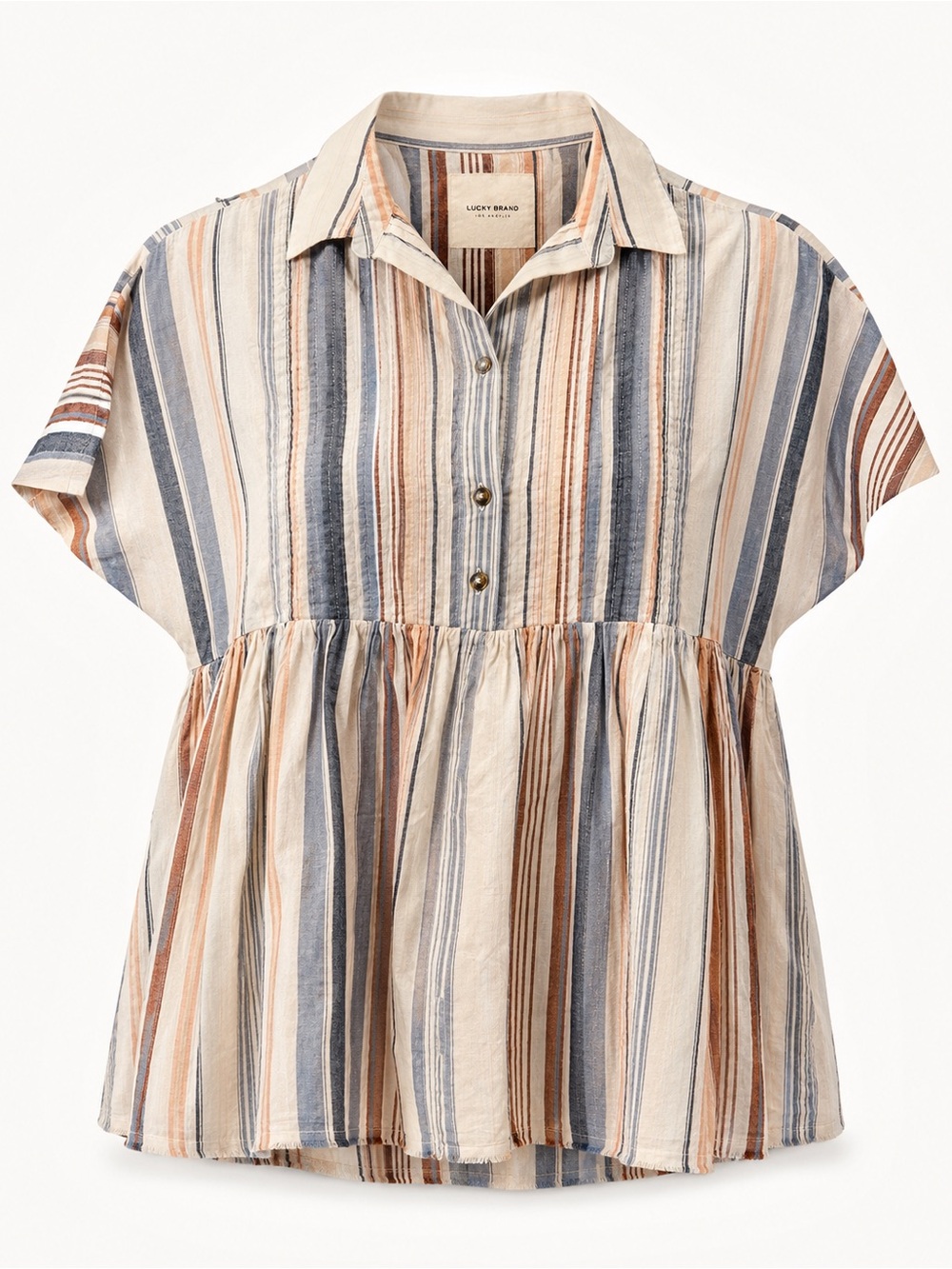 Lucky Brand Striped Babydoll Tunic Top Size M Boho Coastal Short Sleeve EUC